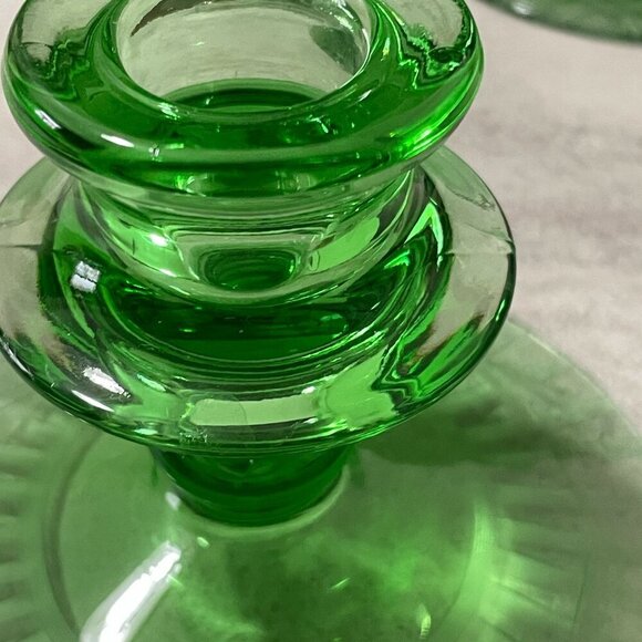 Vintage Green Depression Glass Flower Stripe Etch Console Bowl Candlesticks 3pc - Picture 5 of 9
